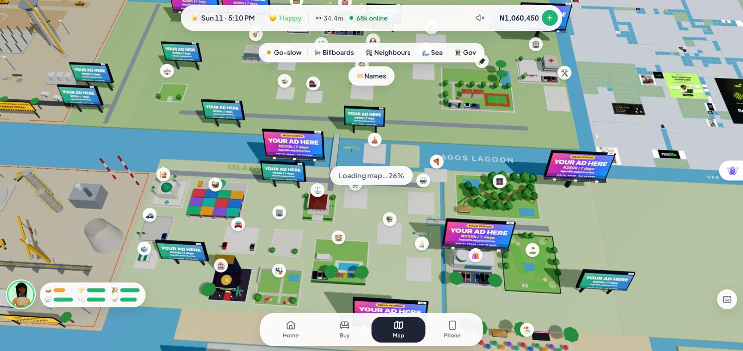Lagos Life city map covered in real brand billboards